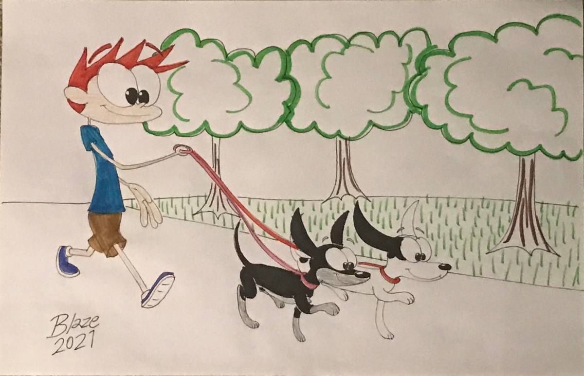 Blaze walking his dogs