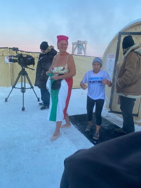 Gerri and Geela after taking the 2024 Can Geo Polar Plunge in -37 degrees C temperatures, Yellowknife, Northwest Territories.