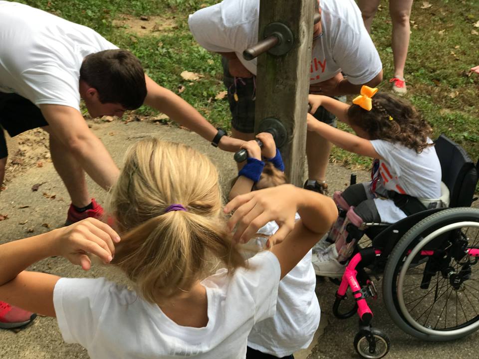 Stretching at one of the parkour stations during the walk