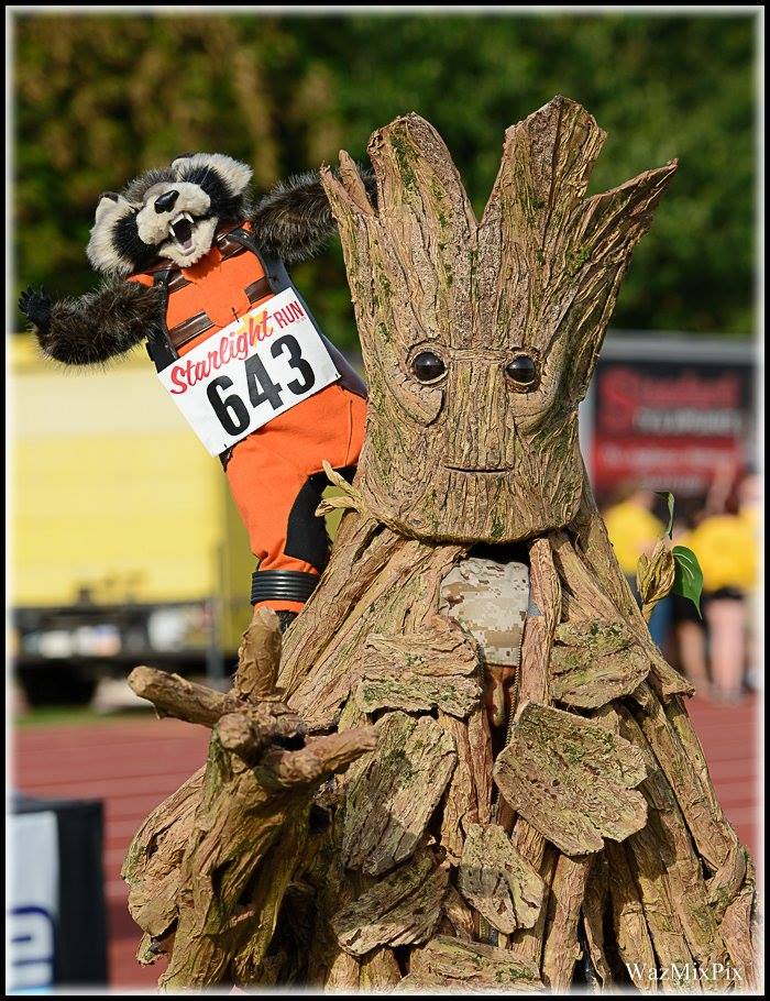 Sandy running in Portland as Groot (and Rocket)