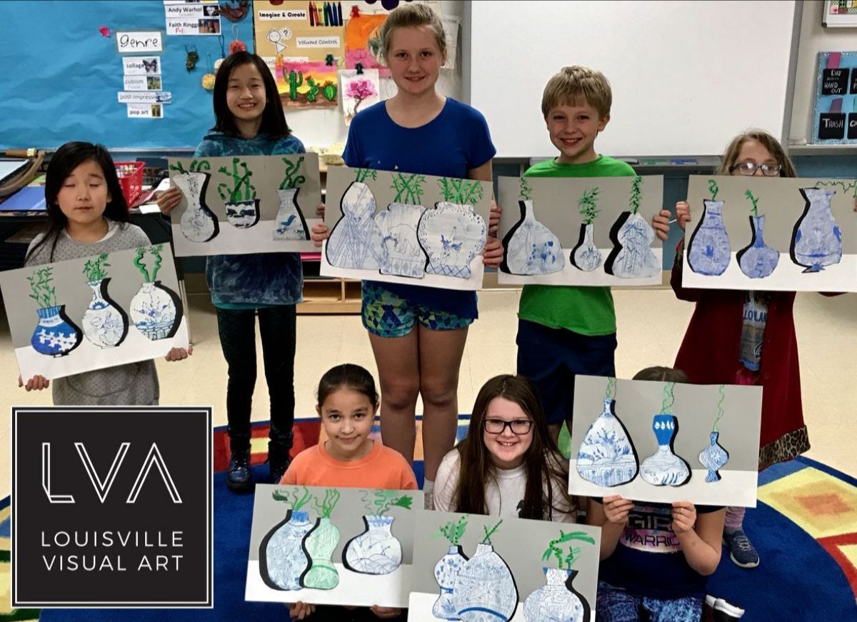Children's Fine Art Class students showcasing their artworks