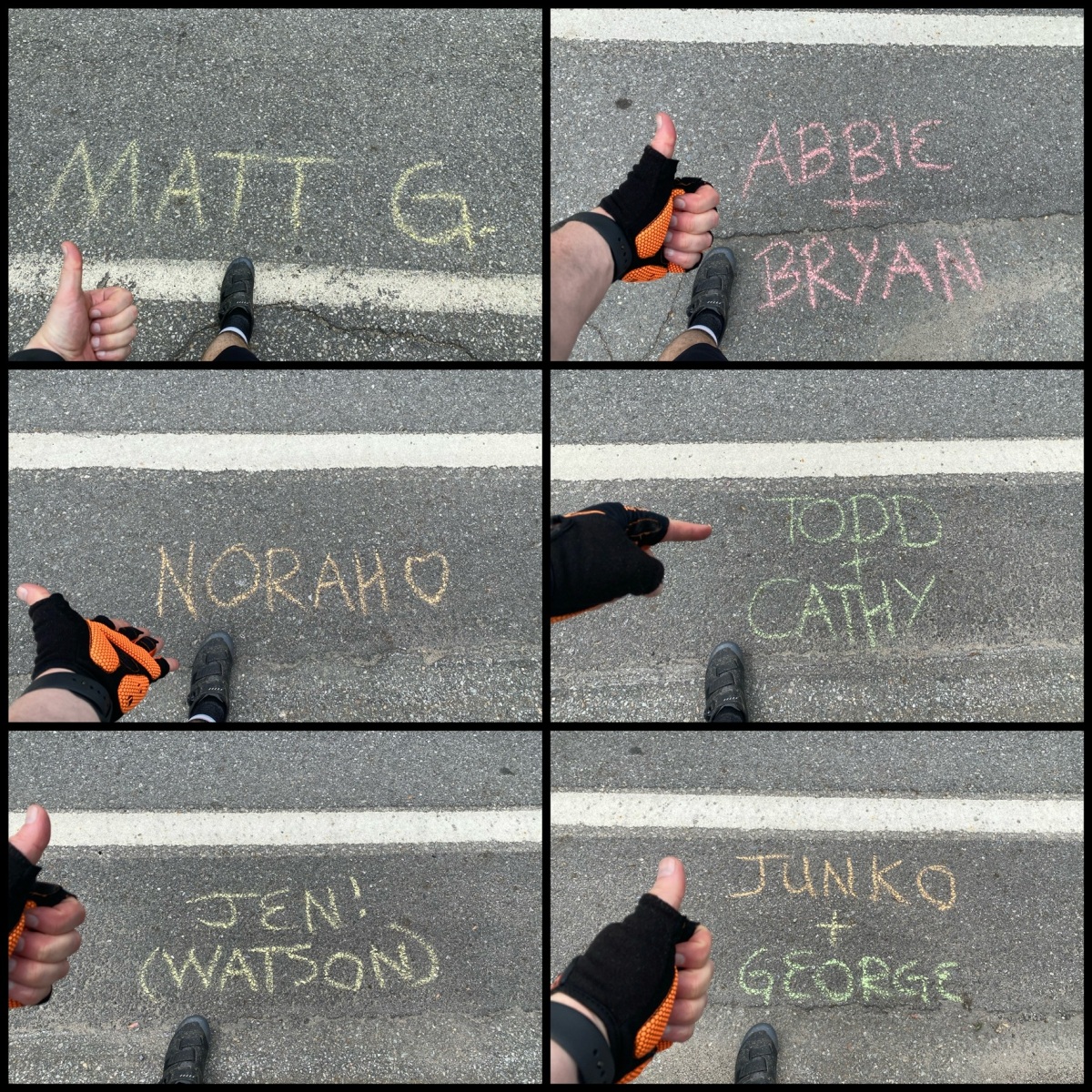 Sidewalk chalk with names of supporters