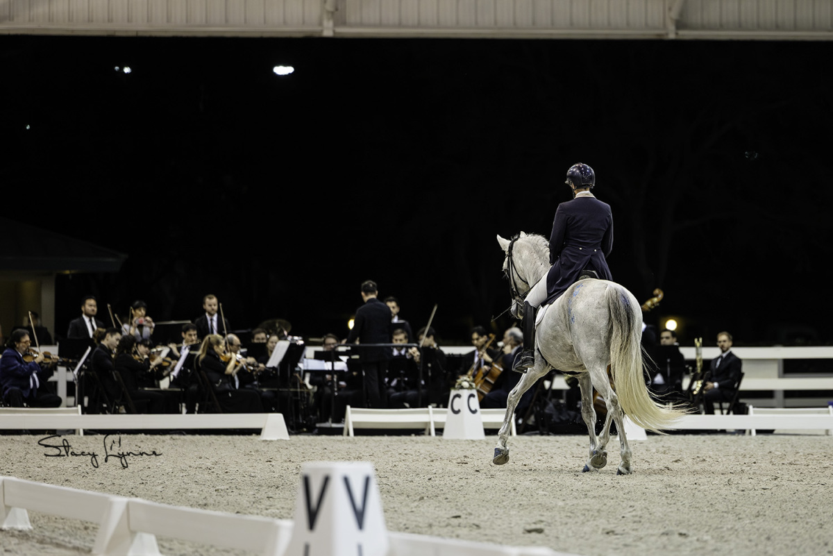 Beautiful freestyle dressage is performed to the live symphony under the lights at the Jim Brandon Equestrian Center.