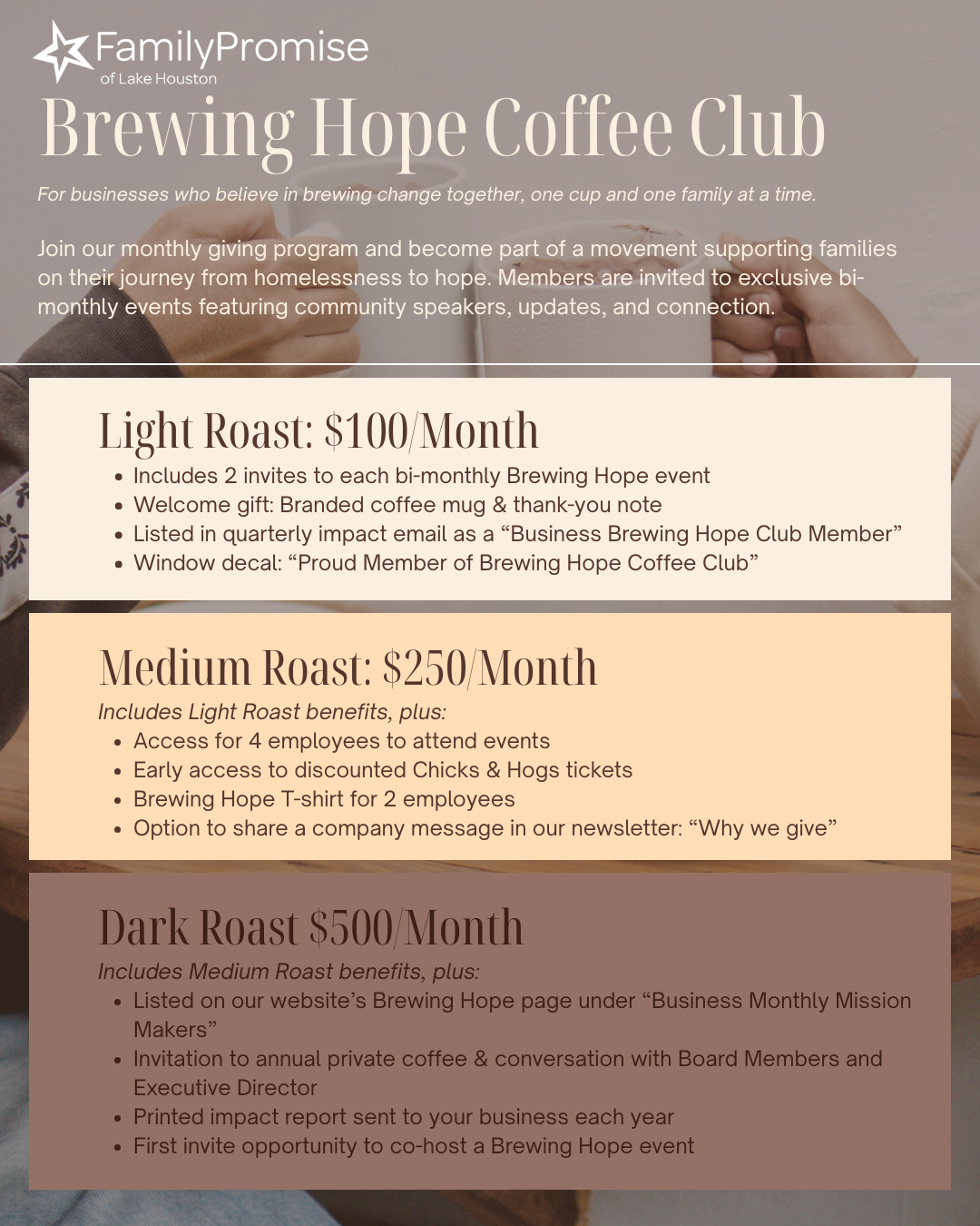 For businesses who believe in brewing change together, one cup and one family at a time. 