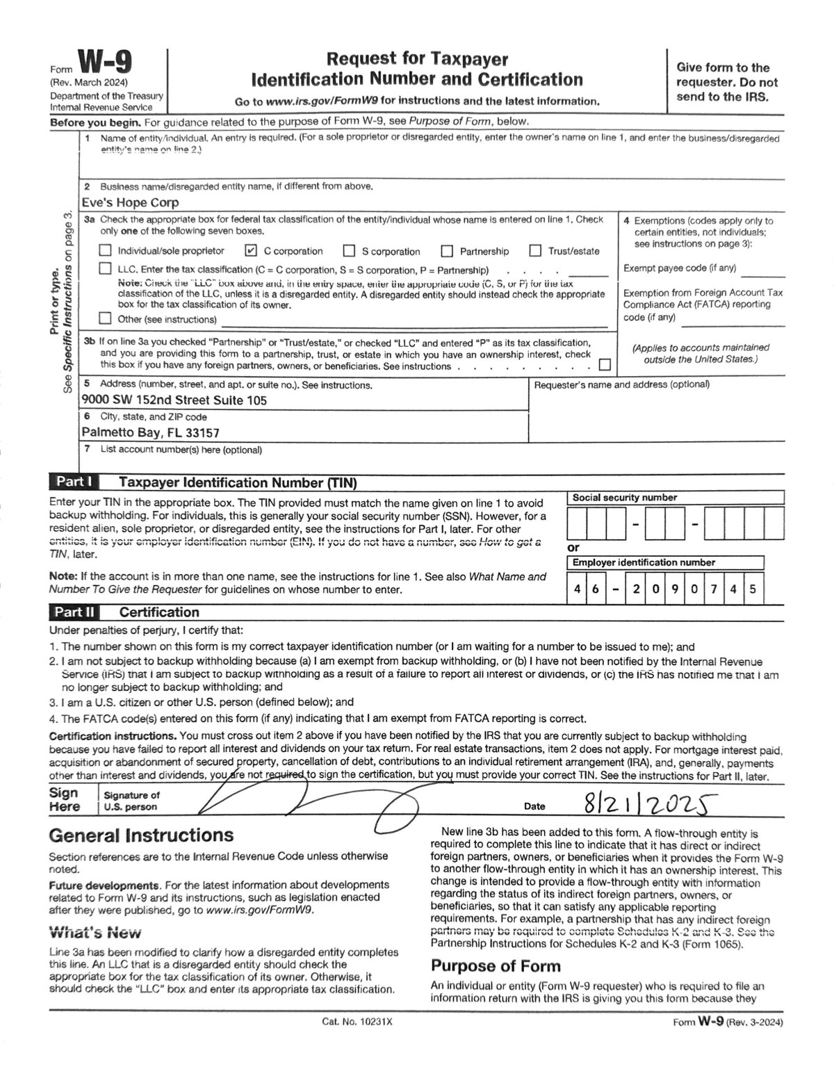 Eve's Hope W-9 Form 2025