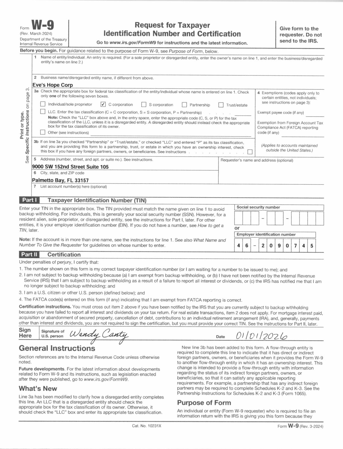 Eve's Hope W-9 Form 2026