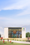 East-facing facade with view of "Grow" climber