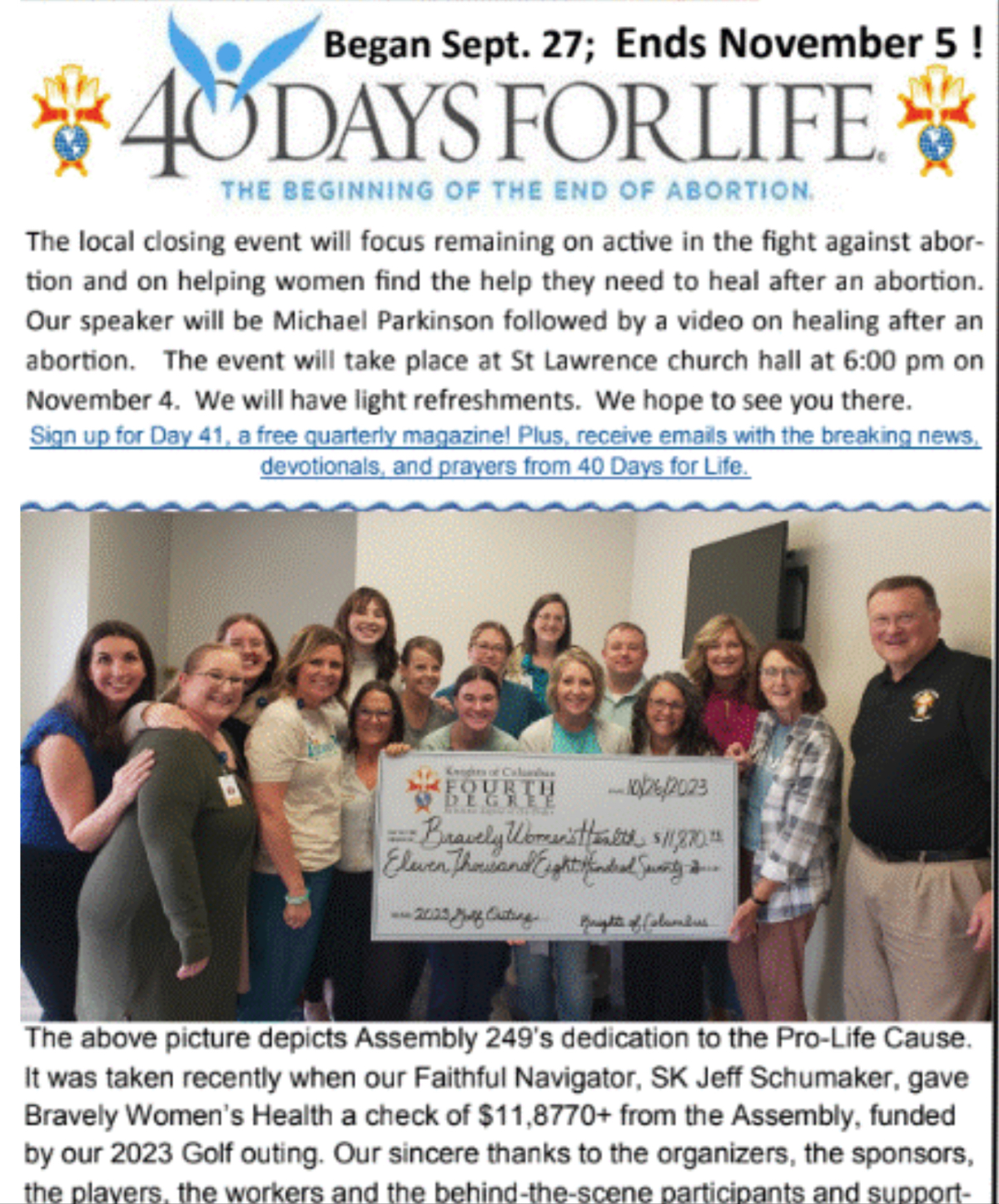 40 Days for Life and Bravely Women’s Health fundraising