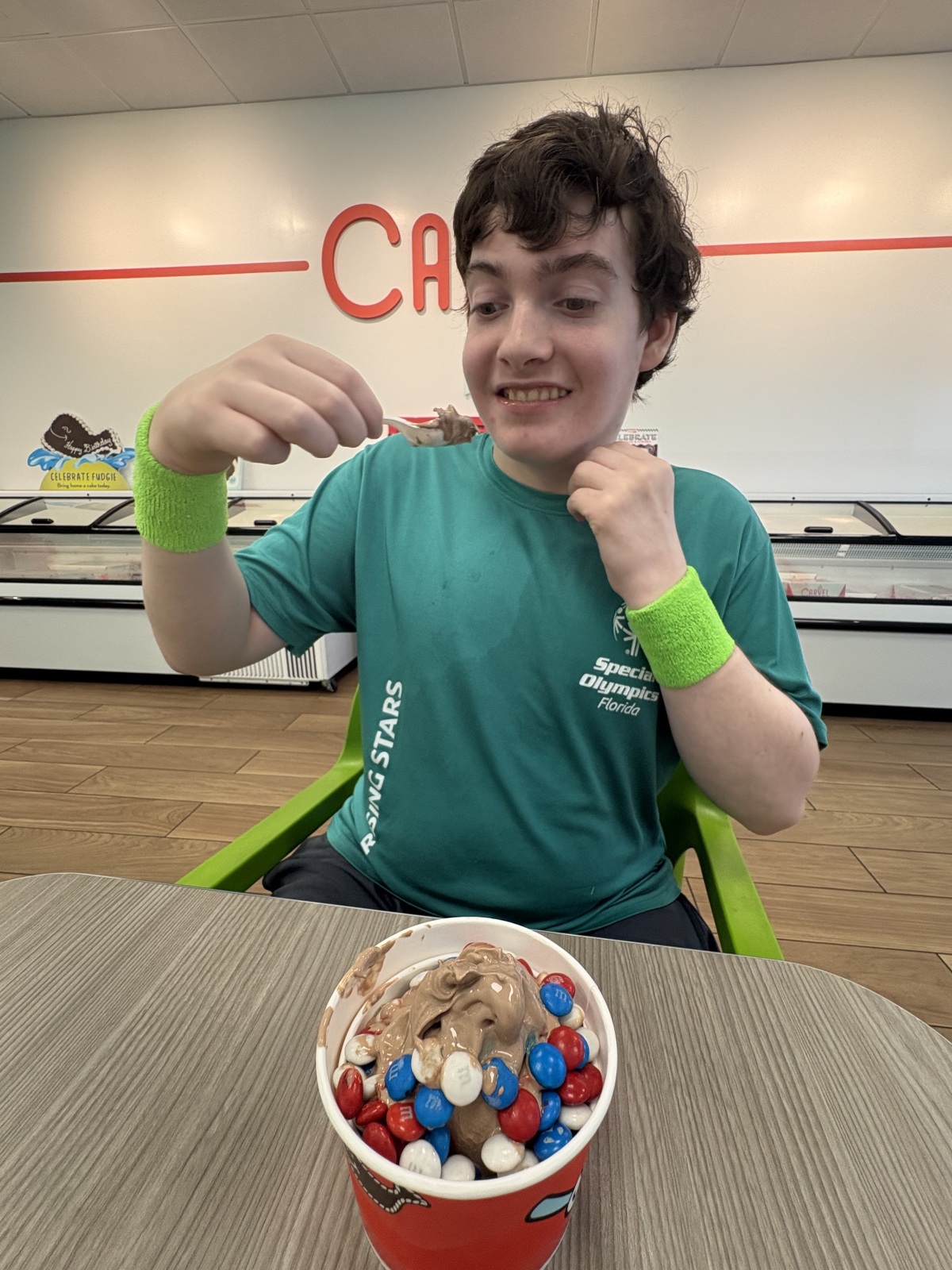 Enjoying ice cream after the local all abilities accessible playground and water park in our home town.