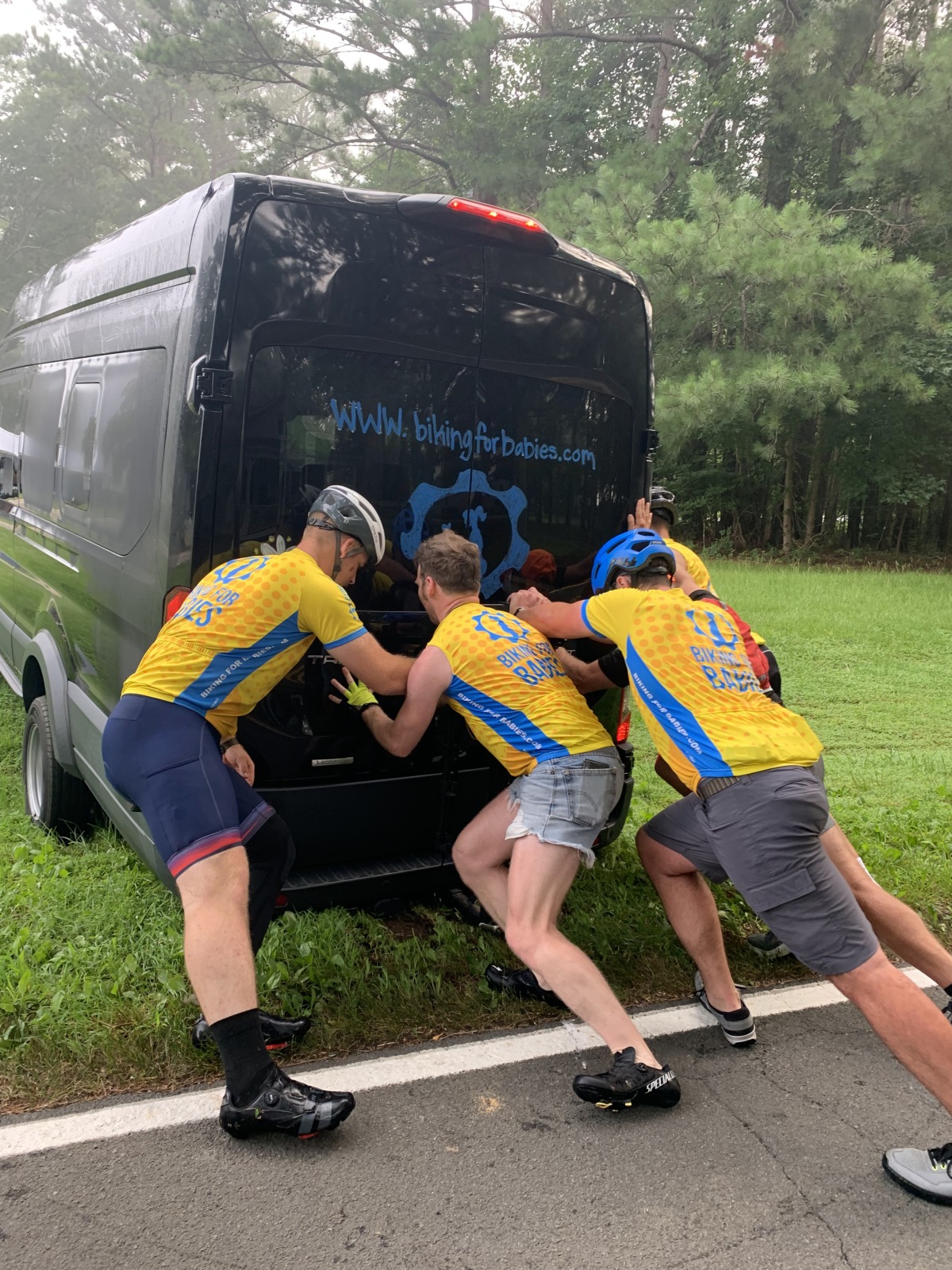Freeing the van from the ditch on Day 1