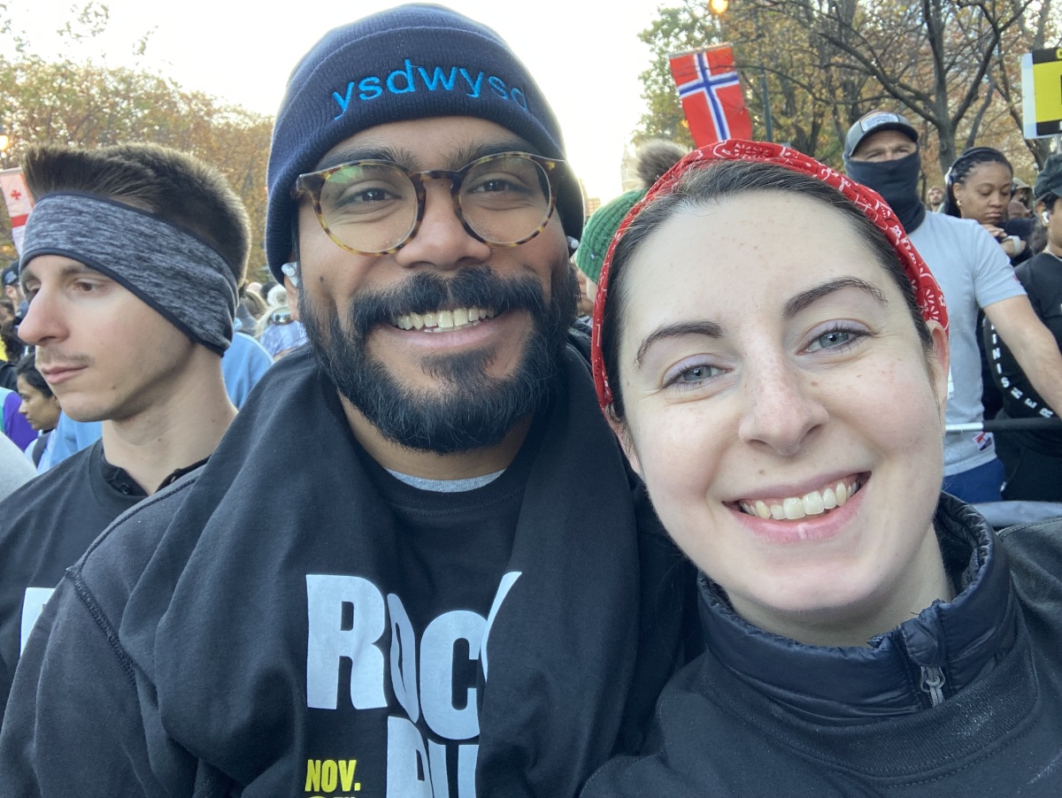 With my husband, Roshan, waiting to begin the Rocky Run, Phildelphia 2024