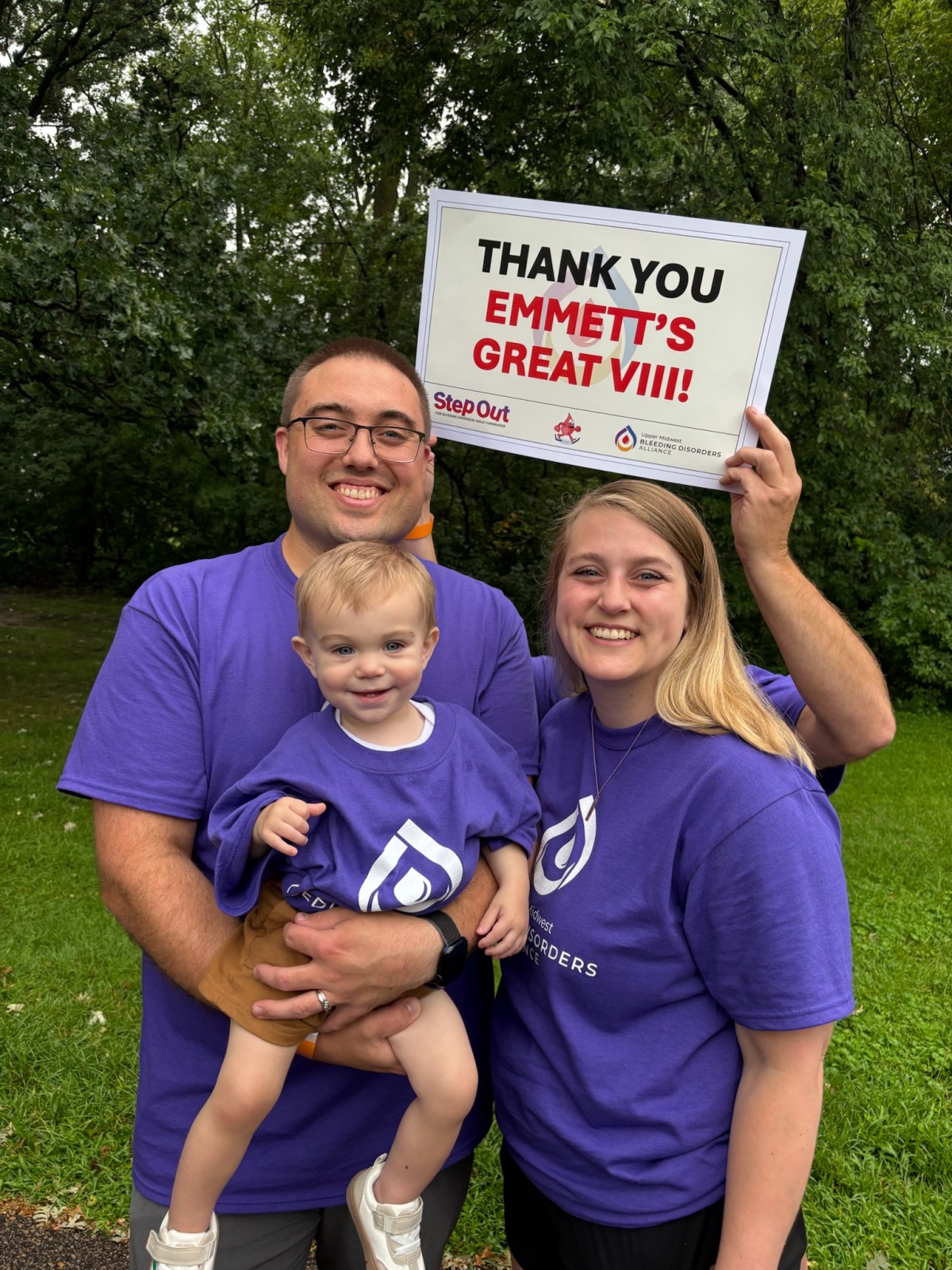 Dad (Adam) and Mom (Taylor) with Emmett at 2025 Bleeding Disorders Walk