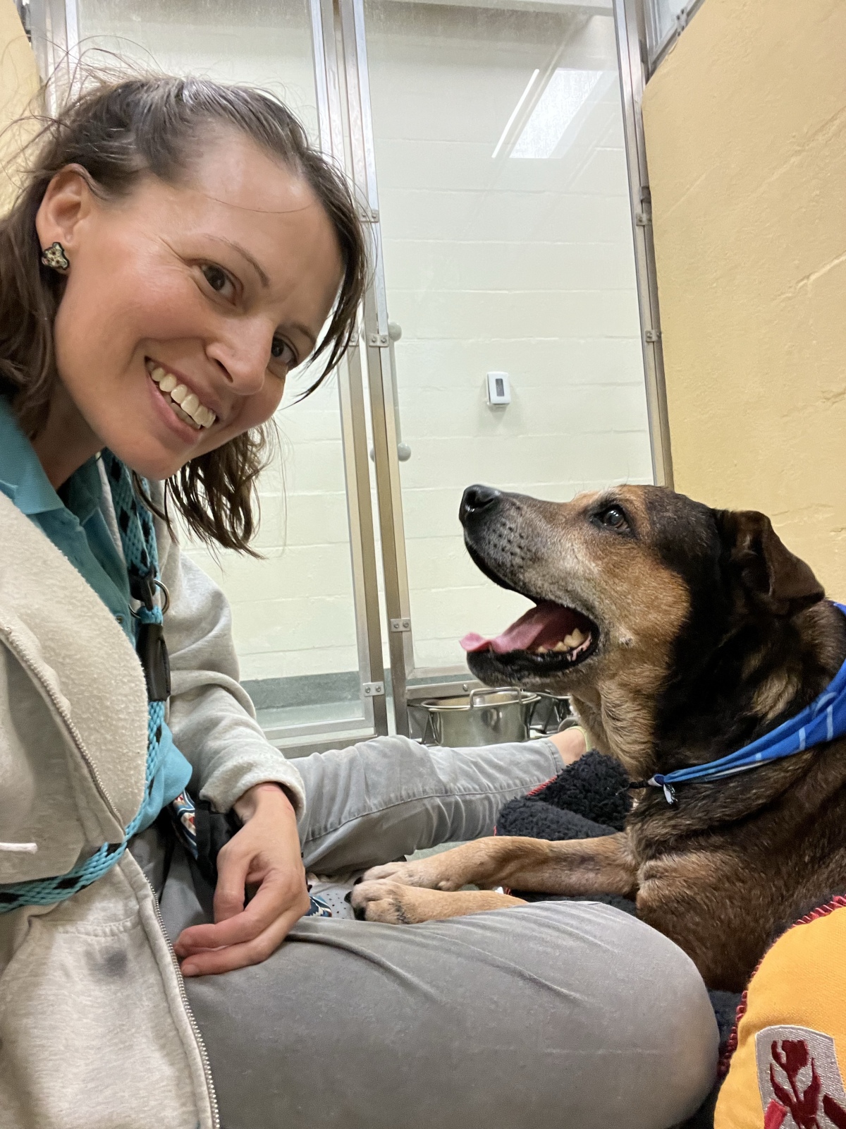 Spending time with one of the senior dogs at HSBC