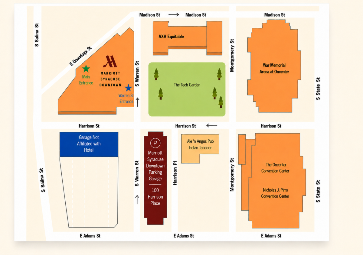 Map showing the Marriott Syracuse Downtown and Harrison Place Parking Garage