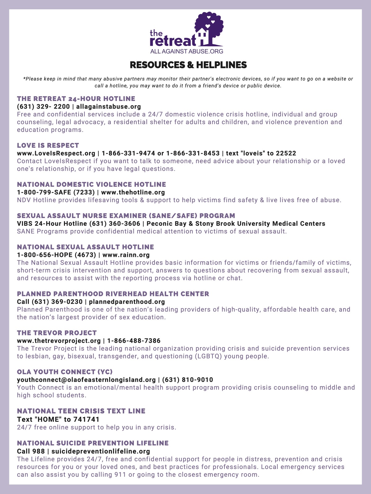 Resources and Helplines - English