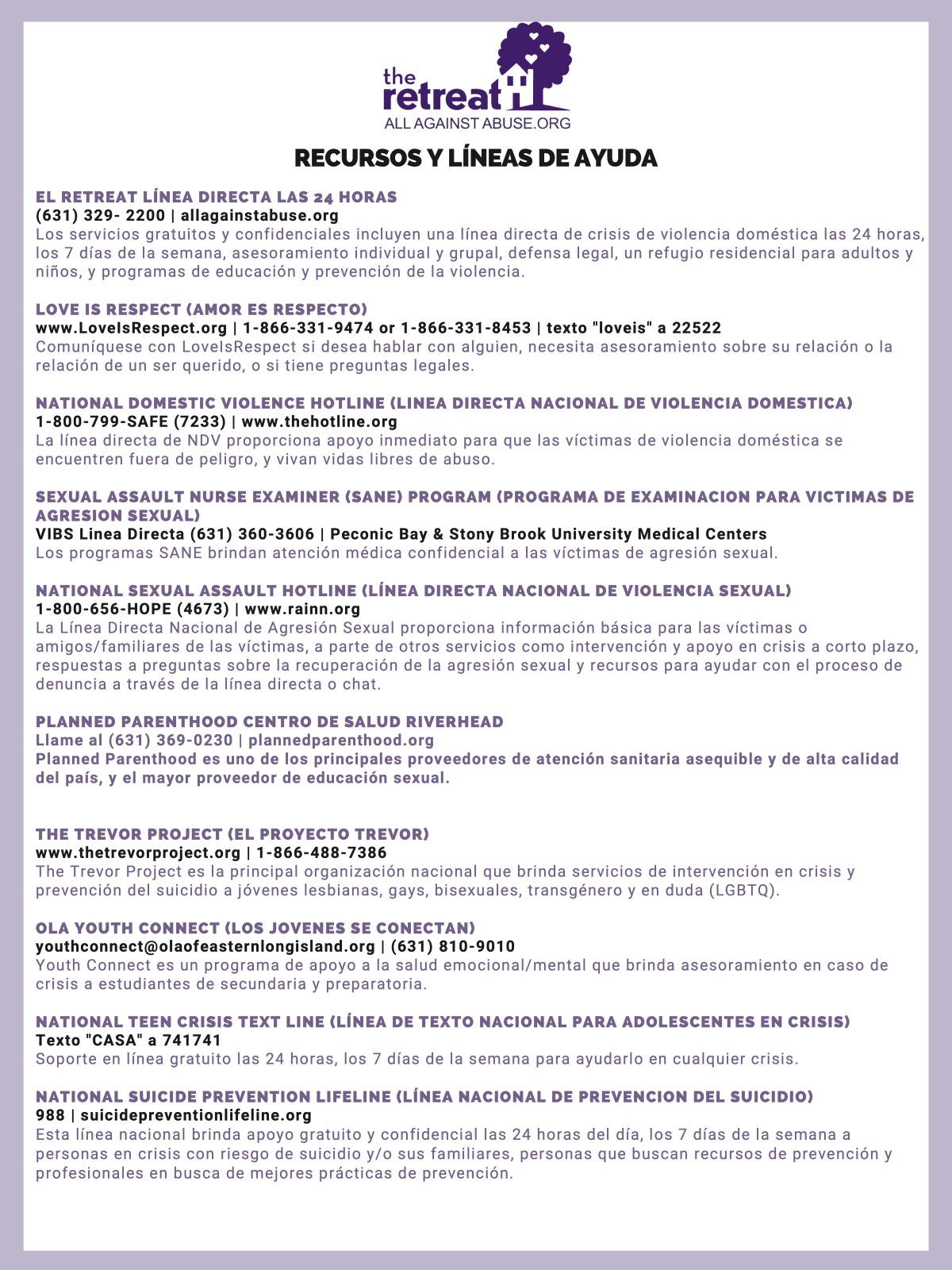 Resources and Helplines - Spanish
