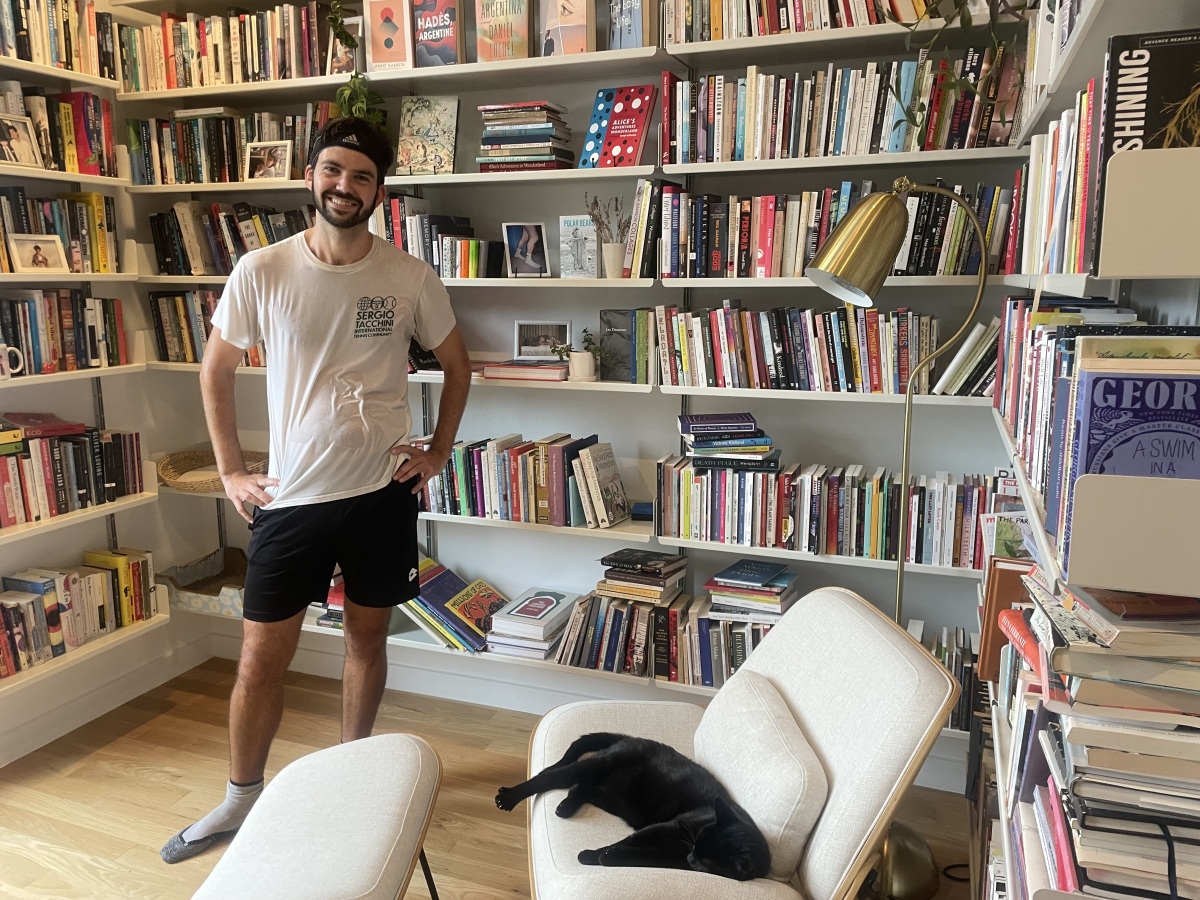 Me back from a run and very sweaty in my own at-home library
