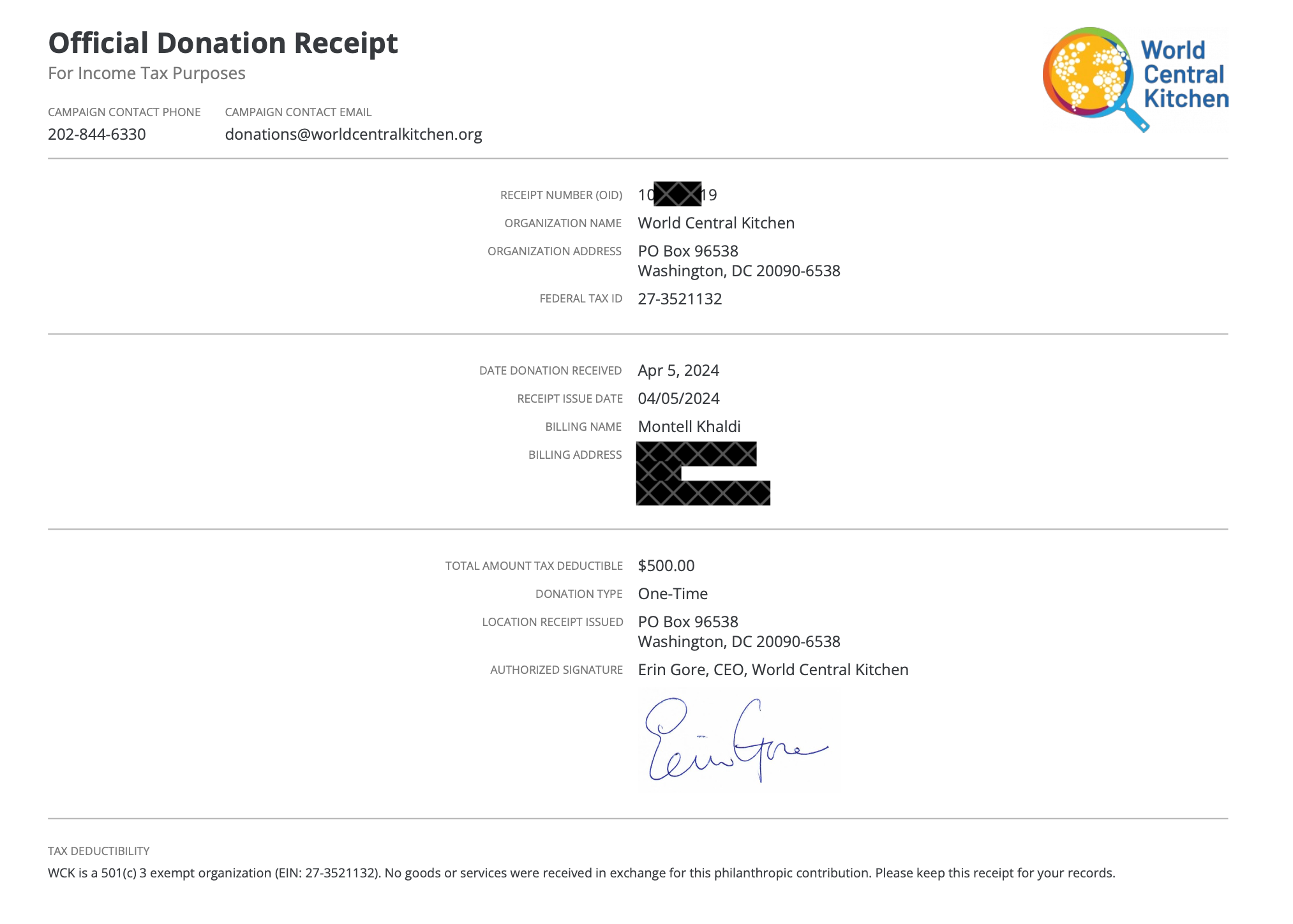 WCK Donation Receipt