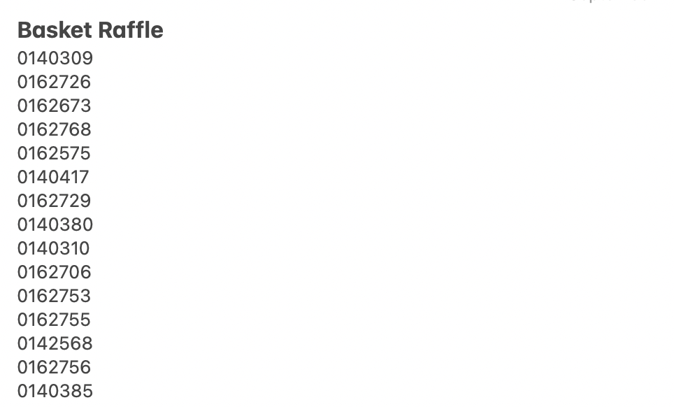Basket Raffle Winning Numbers 