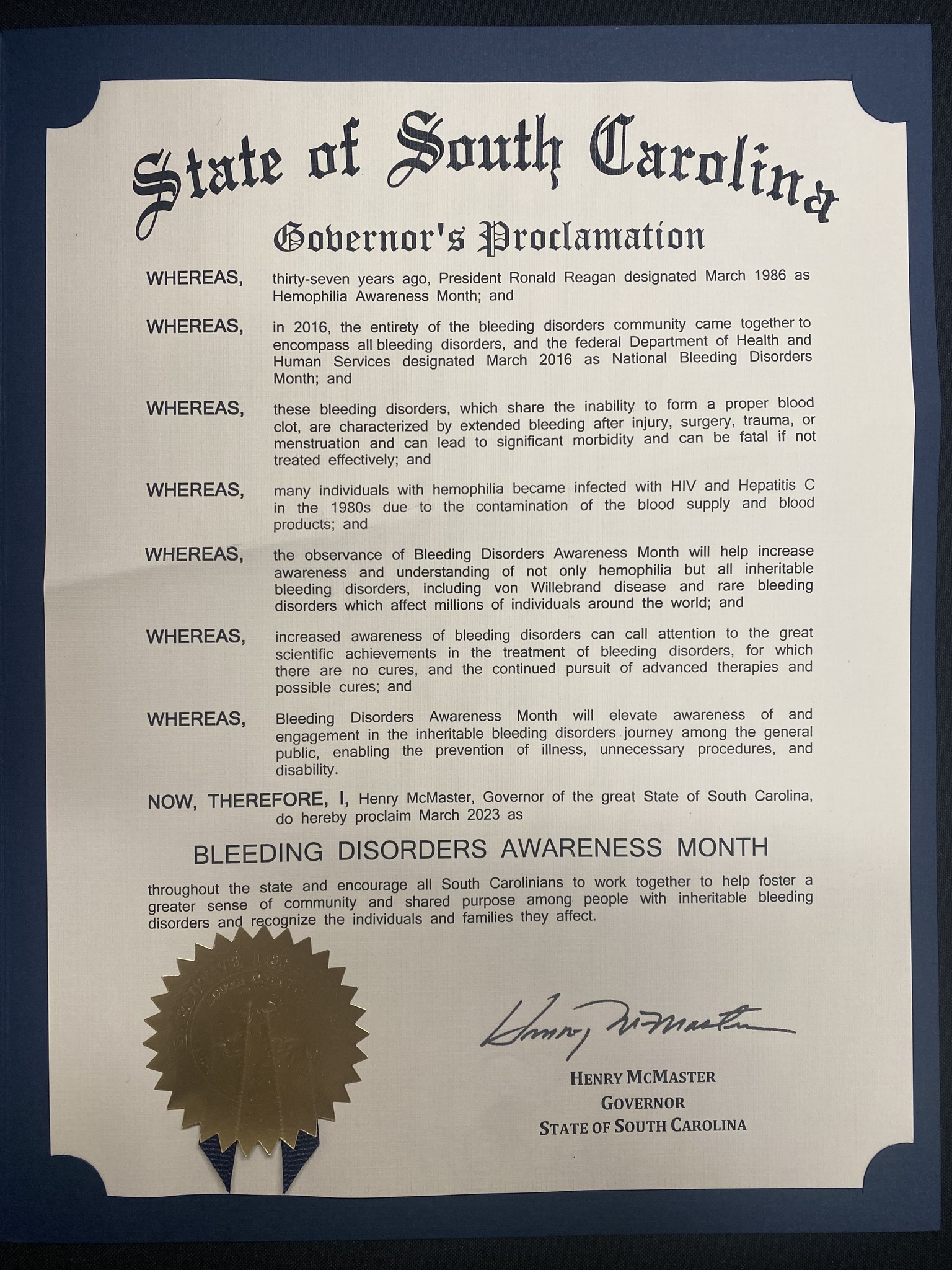 Our 2023 State of South Carolina Bleeding Disorder Awareness Month Proclamation