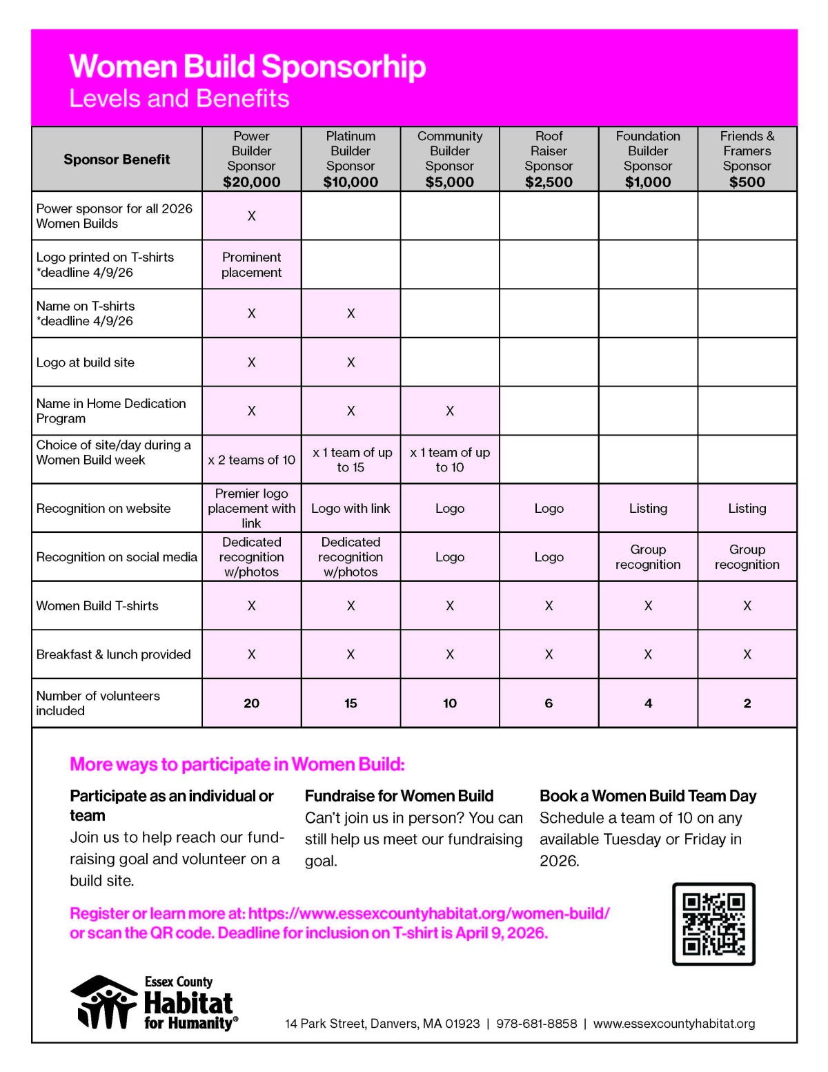 For more information on Sponsorships, please contact Brenda at brenda@essexcountyhabitat.org